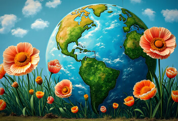 Cheerful Earth Mural with Flowers Against Blue Sky