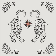Boho celestial line art with two tigers, sun and frame of leaves on a grey background. Contemporary bohemian illustration perfect for poster,  card, tarot and prints. Hand drawn vector, EPS 10.