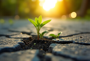 Small Green Plant with Hope Sprouting against Sunset