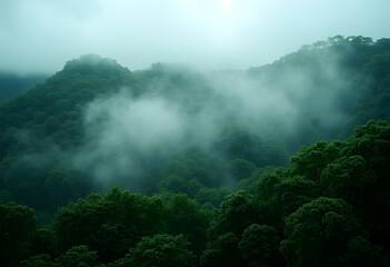 Lush Green Forest with Tranquility in Mist