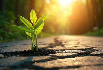 Tiny Green Sprout with Resilience Pushing against Cobblestone