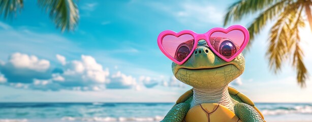 A lovestruck turtle wearing heart-shaped sunglasses basks in the sun on a tropical paradise, with a palm tree swaying gently nearby, embodying summertime bliss in a 3D rendering