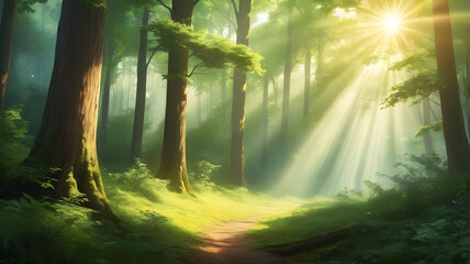 Sunlit Forest Path with Peaceful Mood in Green Landscape