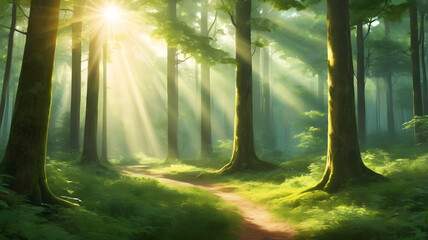 Sunlit Forest Path in Lush Green Style for Serene Nature