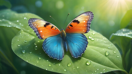 Butterfly Resting Peacefully on Vibrant Leaf in Sunlight