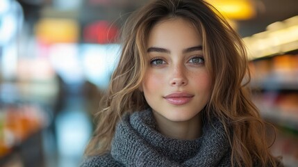 Woman with wavy brown hair in a grocery store setting, soft lighting