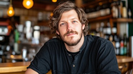 Obraz premium Young caucasian male with beard in casual black shirt sitting in cozy coffee shop