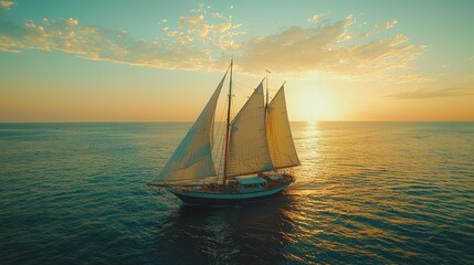 Fototapeta premium Sunset Sailboat Voyage: A Serene Golden Hour at Sea