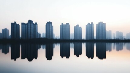 Fototapeta premium Urban skyline with tall buildings reflecting on calm water at dawn