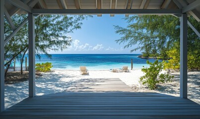 The deck offers a peaceful view of the beach, complete with palm trees and blue waters