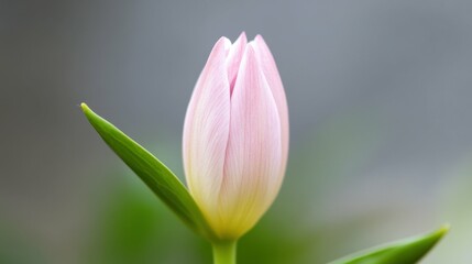 Fototapeta premium Delicate pink tulip bud with green leaves on soft background