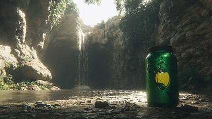Fototapeta premium Water flows into a grotto. Wet can stands nearby in sunlight