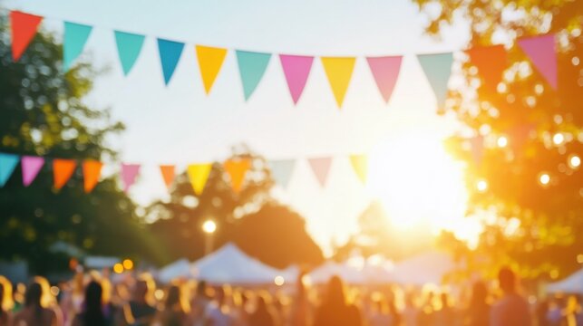 Colorful bunting at outdoor festival with blurred crowd and sunset