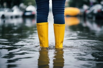Person wearing yellow boots walks through flooded street