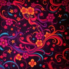 Abstract colorful background with swirling patterns of flowers, waves, and abstract shapes art illustration design