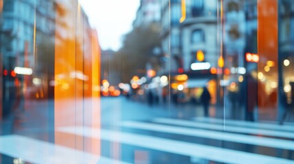 Blurred urban street scene with abstract reflections and city lights