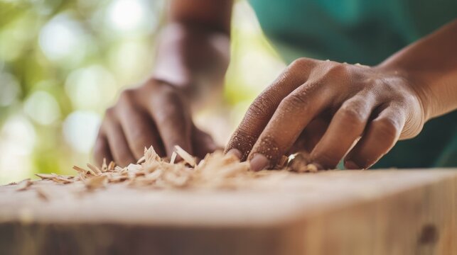 African female adult woodworking with precision and skill in natural setting