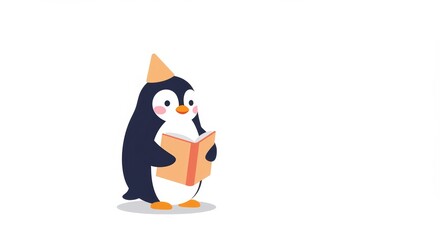 Penguin with party hat reading children’s book on white background