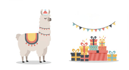Fototapeta premium Llama in festive setting with gifts and decorations