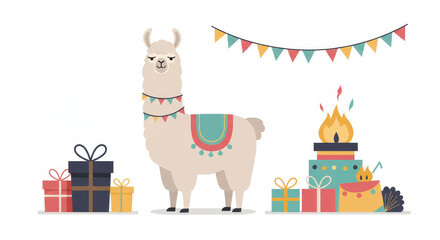 Obraz premium Llama in festive setting with gifts and decorations