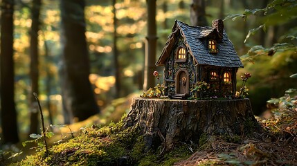 Miniature fairytale home nestled on forest stump.  A whimsical cottage crafted from natural elements.  Warm golden light bathes the scene