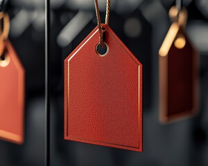A close-up of a textured red tag hanging by a string, set against a blurred background, emphasizing its color and shape.