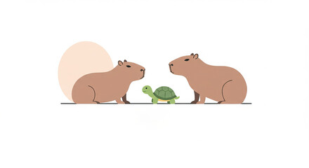 Capybara and turtles facing each other on white background