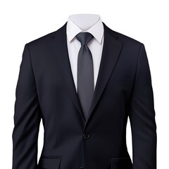 A black suit with a white shirt and a gray tie is displayed on a mannequin against a  on transparent background png