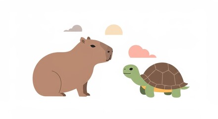 Obraz premium Capybara and turtles facing each other on white background