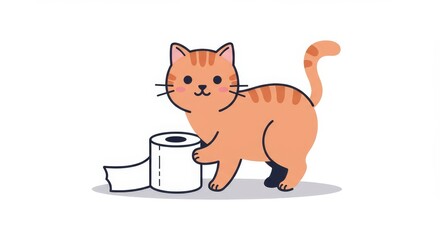Obraz premium Cute orange cat playing with toilet paper on white background