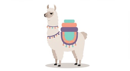 Fototapeta premium Llama with colorful blankets and festive decorations on white
