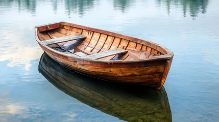 Obraz premium Wooden rowboat on tranquil lake
