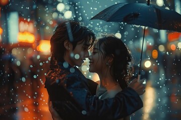Romantic Couple Dancing in the Rain with Umbrellas, Creating a Whimsical Atmosphere with Raindrops
