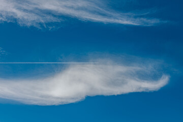 A jet leaves a thin white contrail across a deep blue sky, flying above a wispy cloud formation...