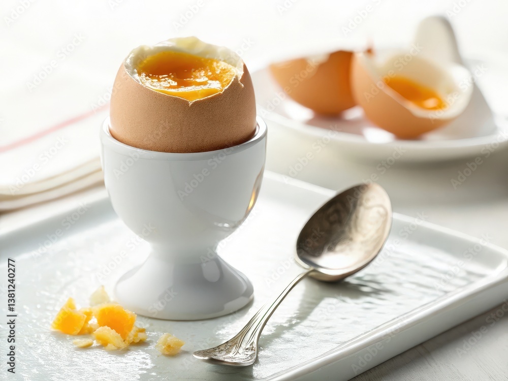 Poster a soft-boiled egg in an egg cup, with the yolk slightly exposed, is placed on a white tray alongside