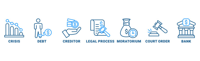 Bankruptcy banner web icon vector illustration concept with icon of crisis, debt, creditor, legal process, moratorium, court order, and bank 