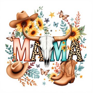 Western-themed Mama design with flowers and cowboy elements  