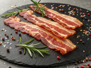  A black slate board with crispy bacon strips in shades of brown and red, resting on a dark surface.