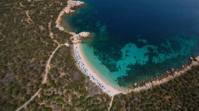 An aerial view of a picturesque coastal scene. A sandy beach curves along the shoreline, lined with blue beach umbrellas. 