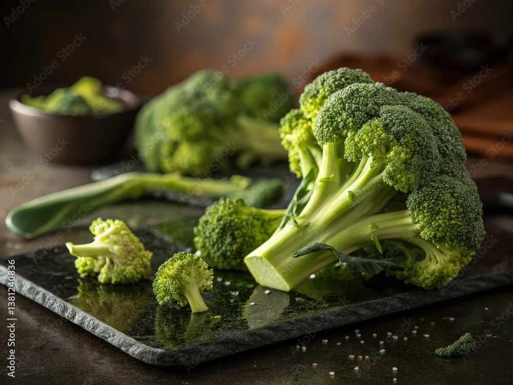 Poster the image shows two pieces of broccoli with green florets against a dark background.