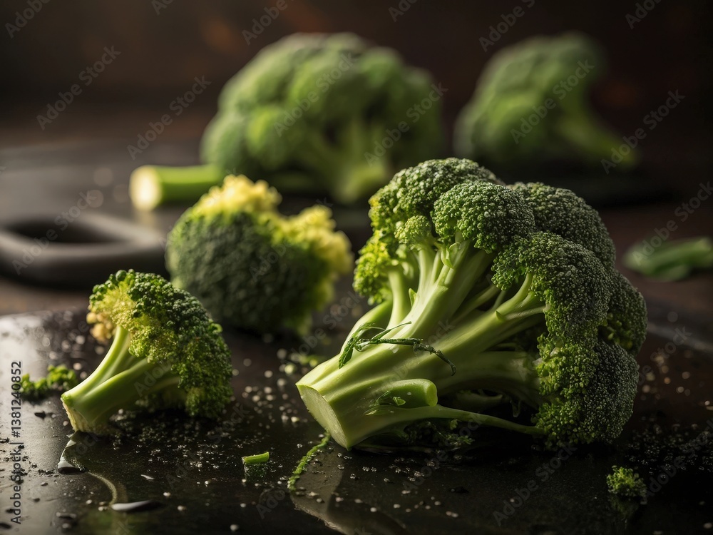 Poster the image shows two pieces of broccoli with green florets against a dark background.