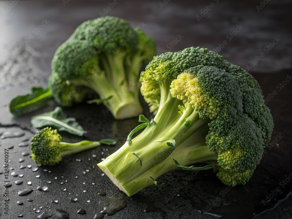 Poster the image shows two pieces of broccoli with green florets against a dark background.