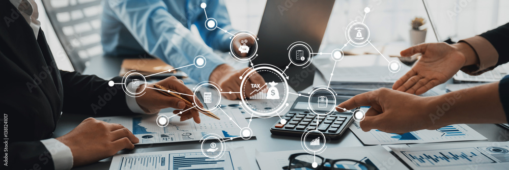 Poster a business team collaborates on financial data analysis in a modern office, showcasing hands working