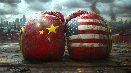 A pair of boxing gloves with the Chinese and American flags on them, symbolizing the trade conflict between China and the United States.
