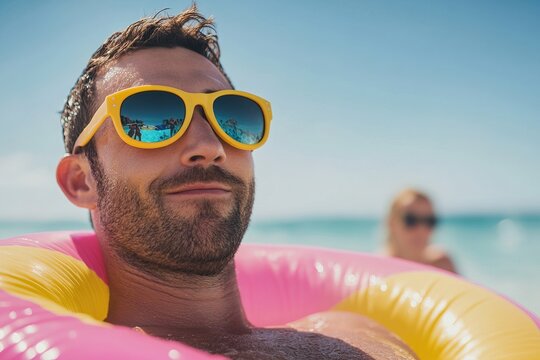 Relaxing on the beach with a colorful float