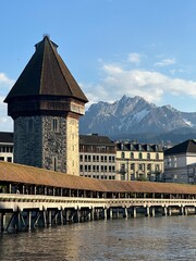 view of the old town and Chapel bridge at Luzern, Switzerland.