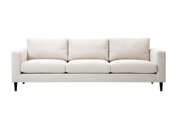 A minimalist white sofa with three cushions and dark legs against a  in a studio on transparent background png