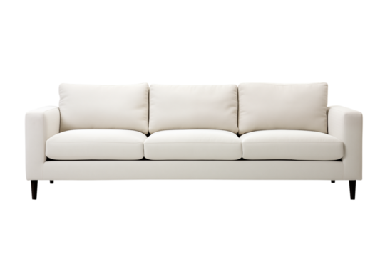 A minimalist white sofa with three cushions and dark legs against a  in a studio on transparent background png