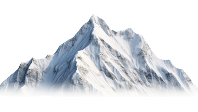 A snow covered mountain peak against a  with a misty base in the foreground on transparent background png