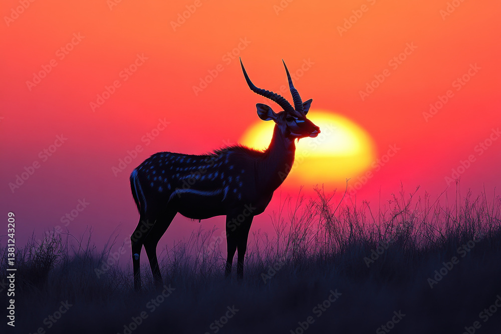 Poster a deer stands in a field with a sun setting in the background